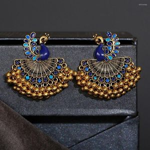 Brincos pendentes étnicos vintage femininos azul pavão liga Bollywood ouro oxidado contas borla Jhumka