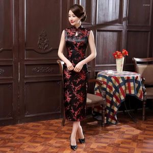 Vestidos Casuais Vintage Estilo Chinês Cheongsam Preto Feminino Cetim Longo Qipao Festa de Chegada Vestido Slim Mujer Vestidos Tamanho S M L XL XXL XXXL