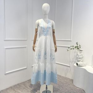 Casual Dresses Summer Top Quality Sky Blue Embroidery Patchwork Sleeveless Deep V-neck Backless Women Sexy Midi Dress For Holiday