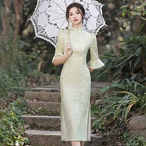 Etniska kläder Långt ruffle ärm kvinnor qipao kinesisk stativ krage vintage knapp avslappnad cheongsam spetstryck slits slit nylon bomull