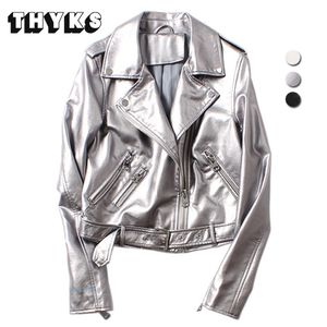 Women's Jacket Faux Leather Lady Glossy Silver PU Motorcycle Biker Street Coats Female Soft Outwear With belt 230615