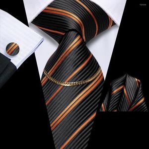 Bow Ties Classic Black Orange Striped Luxury Silk Mens Tie Fashion Necktie Chain Hanky Cufflink Set Gift For Men Wedding Hi-Tie Designer