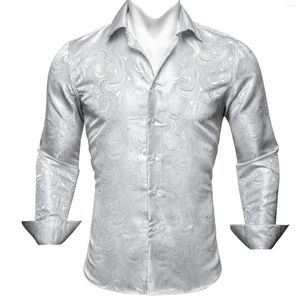 Men's Casual Shirts Luxury Silk For Men White Silver Gray Paisley Long Sleeved Embroidered Tops Formal Regular Slim Fit Blouses 612