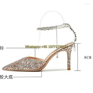 Sandaler 8 cm Rhinestone Glitterhänge pekade tå slingback Sandal Woman Summer 2023 Gold White Black High Heels Women's Wedding Shoes