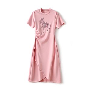 2023 Summer Pink Solid Color BeadedDress Short Sleeve Round Neck Knee-Length Casual Dresses W3L041407