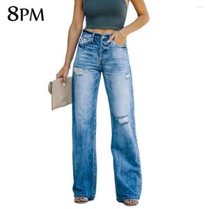 Kadınlar kot pantolon yırtık yırtık yıkılmış uzun kız vintage geniş bacak jean gevşek klasik mavi uzun pantolon ouc183