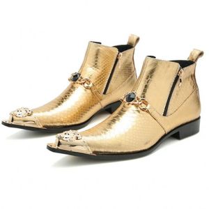Gold Metall Zehen Stiefeletten für Männer Echtes Leder Winter Ridding Stiefel Reißverschluss T Bühne Schuhe Große Größe 38-46
