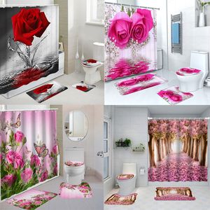 Tende da doccia Rosa rossa Fiori di farfalla Set di tende da doccia per bagno Poliestere impermeabile Lavabile Tappetino da bagno antiscivolo Tappeti Tappeto Copriwater 230615