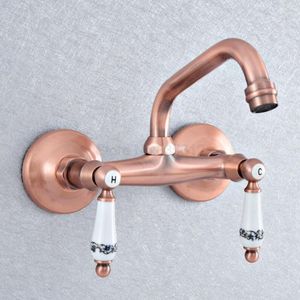 Bathroom Sink Faucets Antique Red Copper Brass Wall Mount Kitchen Vessel Faucet Swivel Spout Cold Mixer Water Tap Tsf892