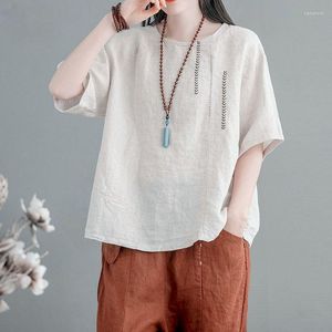 レディースTシャツコットンリネン女性ファッション刺繍通気性TシャツカジュアルルーズショートスリーブビンテージトップサマートレンドシンTシャツ