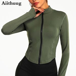 Kvinnors t-shirt aiithuug kvinnor full zip-up yoga toppträning som kör jackor med tumhål stretchig monterad långärmad skördetoppar aktivkläder 230615