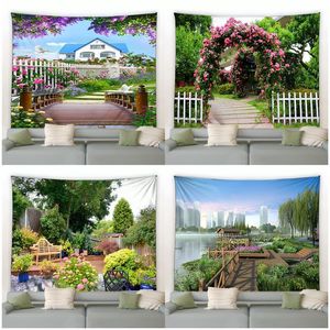 Tapestries Spring Garden Landscape Big Tapestry Fence Natural Flower Plant Scenery Wall Hanging Home Living Room Courtyard Decor Picnic Mat 230615