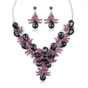 Halsband örhängen Set Vintage Purple Crystal Drop Flower Design Earring Luxury Jewelry Woman's Wedding Bridal Valentine's Gifts