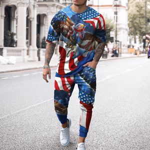 American Flag 3D Printed fashionable jogging suits men's Set - Short Sleeve T-Shirt and Long Pants - Casual Trendy Oversized Clothing for Summer (230614)
