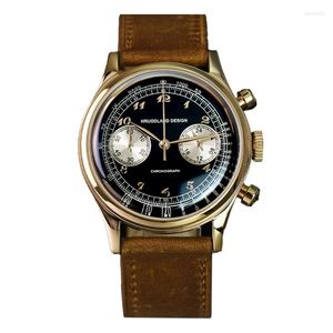 腕時計Hruodland Men's Watch Quartz Chronograph Hand Clock VK64 Sapphire Bubble Glass Leather 316Lステンレス鋼手首