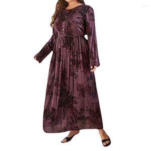 Vestuário étnico Moda Vestido estampado floral para mulheres Muçulmana Manga comprida Decote redondo Robe solto Dubai Árabe Turquia Islamismo Femme Vestido elegante