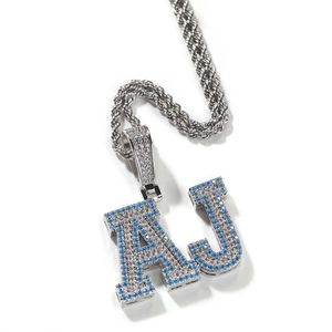 Ny Iced Out Two-Tone CZ Anpassad namn Bokstav halsband Personliga män Kvinnor Hip Hop Jewelry Blue Zircon Bling Inledande halsband