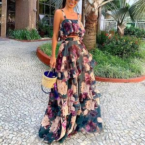 Vestidos de Trabalho Feminino Verão Boho Beach Conjunto de Duas Peças Sexy Saia Crop Top Maxi Longo Floral Estampado Babados Cintura Alta Casual