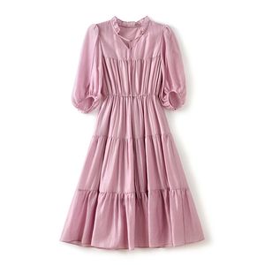 2023 Summer Pink Solid Color Dress 3/4 Sleeve V-Neck Midi Casual Dresses W3L041911