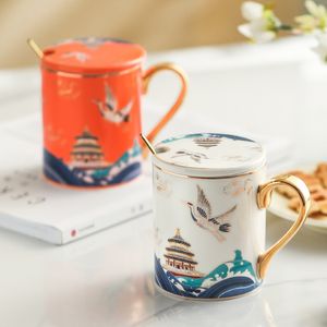 Copo de chá de café de grande capacidade estilo chinês criativo copo de água National Tide copo de cerâmica com tampa colher