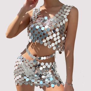 Bauchketten IngeSightZ Sexy Metallscheiben-Körperkette für Frauen, trendige silberne Farbe, Pailletten, Geschirr, Unterwäsche, Minirock, Festival 230614