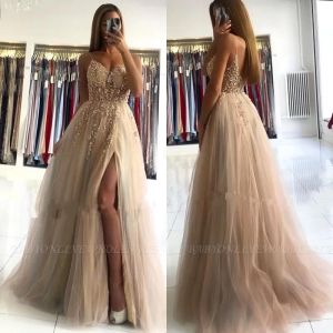 Split Side Sexy Champagne Crystals Prom Dresses A Line Spaghetti Straps Backless Evening Gowns BC