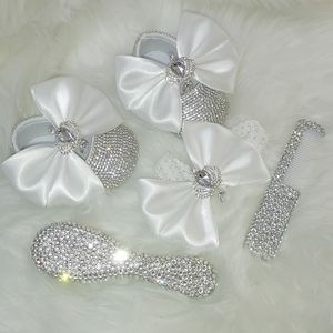 First Walkers Handmade Bow Rhinestones Baby Girl Spring Winter Shoes Hairband Comb First Walker Sparkle Bling Crystals Princess Shower Gift 230614