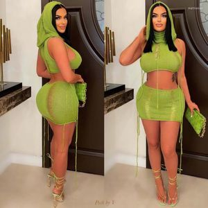 Work Dresses WUHE Ribbed Knit Hollow Out Women's Set Sleeveless Hooded Sweater And Mini Skirt 2023 Two 2 Piece Outfits Summer Tracksuit