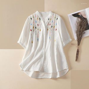 Kvinnor Bluses China Style Shirt for Women Summer 2023 i broderi Casual Loose Short Sleeve Cotton Linen Top V-Neck Ycmyunyan