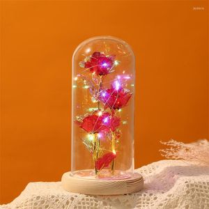 Decorative Flowers LED Enchanted Galaxy Rose Eternal 24K Gold Foil Artificial With String Lights In Dome For Wedding Valentine's Day