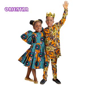家族をマッチする衣装のアフリカの家族の服装兄弟の女の子のドレスと男の子のパンツセット子供アンカラプリント服wyq920230614