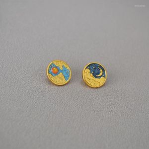 Dangle Earrings Amaiyllis Simple Quiet Night Embossed Moon Cloud Enamel Inlaid Opal Asymmetric Disc 925 Silver Pin Stud