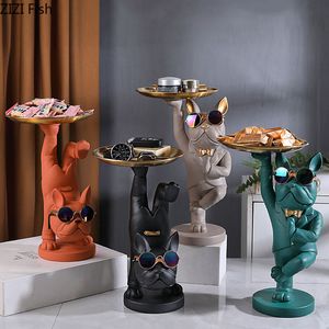 Decorative Objects Figurines Stand on One Foot Dog Sculpture Golden Storage Tray Cartoon French Bulldog Desk Decoration Animal Statue Resin Crafts 230614