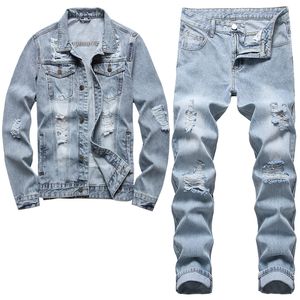 Semplice uomo casual Set da 2 pezzi Giacca di jeans a maniche lunghe aderente con foro strappato Jeans abbinati Azzurro Primavera Estate Ropa Hombre