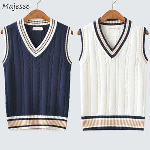 Men's Sweaters Sweater Vest Men Thicken V neck Sleeveless Knitted Vests Striped Retro Preppy style Simple Chic Loose Casual All match 230615