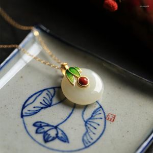 Ketten, frisches und originelles altes Goldhandwerk, eingelegte natürliche Jade, runder Anhänger, Emaille-Blatt, chinesischer Stil, Retro-Halskettenschmuck