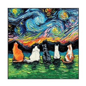 Disegna pittura decorativa Fatto a mano Pittura a olio disegnata a mano Il famoso dipinto di Van Gogh cielo stellato cartone animato gatto astratto appeso dipinto soggiorno sfondo muro