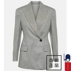 المعاطف الصوفية النسائية Brunello Button Gray Wool Outwear Cucinelli مع جيوب