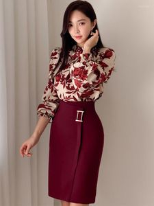 İş Elbiseleri Koreli 2 Parça Kıyafet Zarif Kadın Mizaç Vintage Çiçek Üstleri Gömlek Bluz Yüksek Bel Midi Etek Mujer Femme İnce Setler