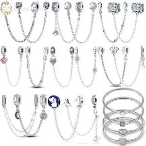 För Pandora Charms Sterling Silver Pärlor Armband Plata de Ley 925 Full Star Pink Heart Safety Chain