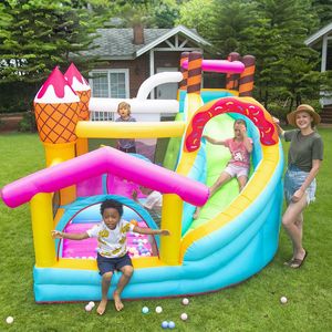 Casa de salto inflável para crianças, o Playhouse, sorvete, donut, sobremesa, festa, parque de salto, jogo ao ar livre, castelo inflável com soprador de slides e piscina de bolinhas, pequenos brinquedos