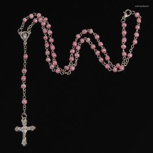 Pendant Necklaces Glass Pearl Rosary Necklace Jesus Christ Cross Long Chain Men's And Women's Virgin Mary Christian Fashion Jewel