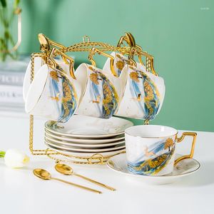 Cups Saucers 3pcs Ceramic Coffee Cup With Gold Edge Afternoon Tea Light Luxury And Simple Floral Stainless Steel Spoon