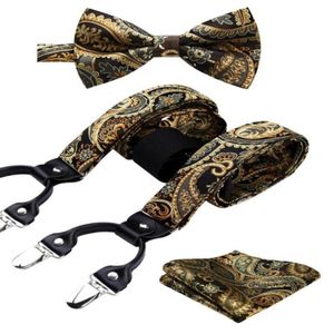 Boyun bağları Erkekler Sırıştırıcılar Paisley Moda Düğün Çeşitli 6 Klipler Partisi Taklit Bowtie Cep Meydanı Set ayarlanabilir parantezler S0499991240R