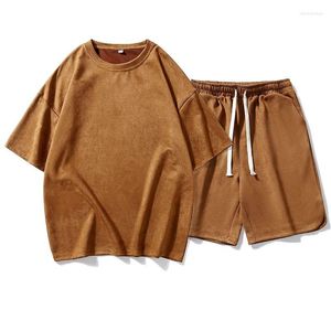 Erkek Trailtsits Yaz Modaya Marka Spor Boş Zaman Takım Genç Erkekler Çift Kısa Kollu Şort İki Parçalı Gevşek Deerskin Polar T-Shirt