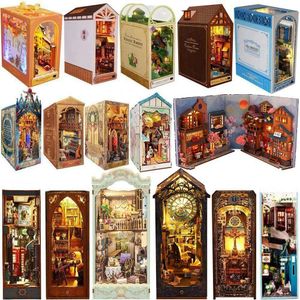 Arquitetura/faça você mesmo casa DIY livro de madeira recanto kit de inserção prateleira em miniatura cidade conto de fadas estante casa de floresta casa de bonecas suporte para livros brinquedos meninas presentes de natal 230614