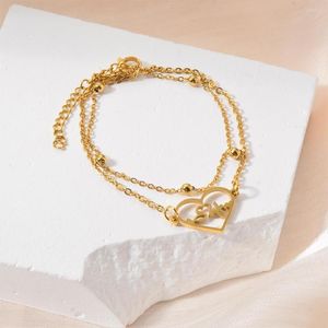 Link Bracelets Gold Color Bracelet 2 Layered Stainless Steel Chain Heart Charm 2023 Fashion Bangle Ladies Girl Jewelry