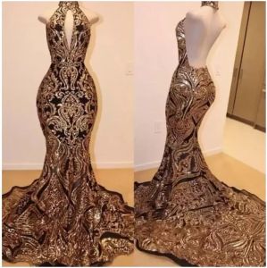 Gorgeous Gold and Black Sparkly Prom Dresses Hign Neck Backless Sweep Train African Sexy Trumpet Occasion Evening Wear Gowns