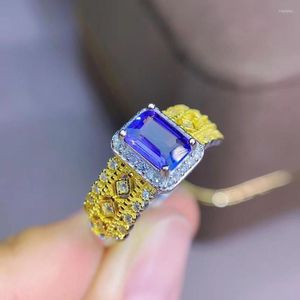 Klusterringar bröllop gåva naturlig och riktig tanzanite ring lyxig ädelsten 925 sterling silver fina smycken