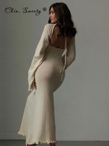Basic Casual Dresses Elegant Summer Knitted Maxi Dress Long Sleeve Casual O-neck Holiday Beach Dresses Backless Evening Party Night Club Vestidos 230614